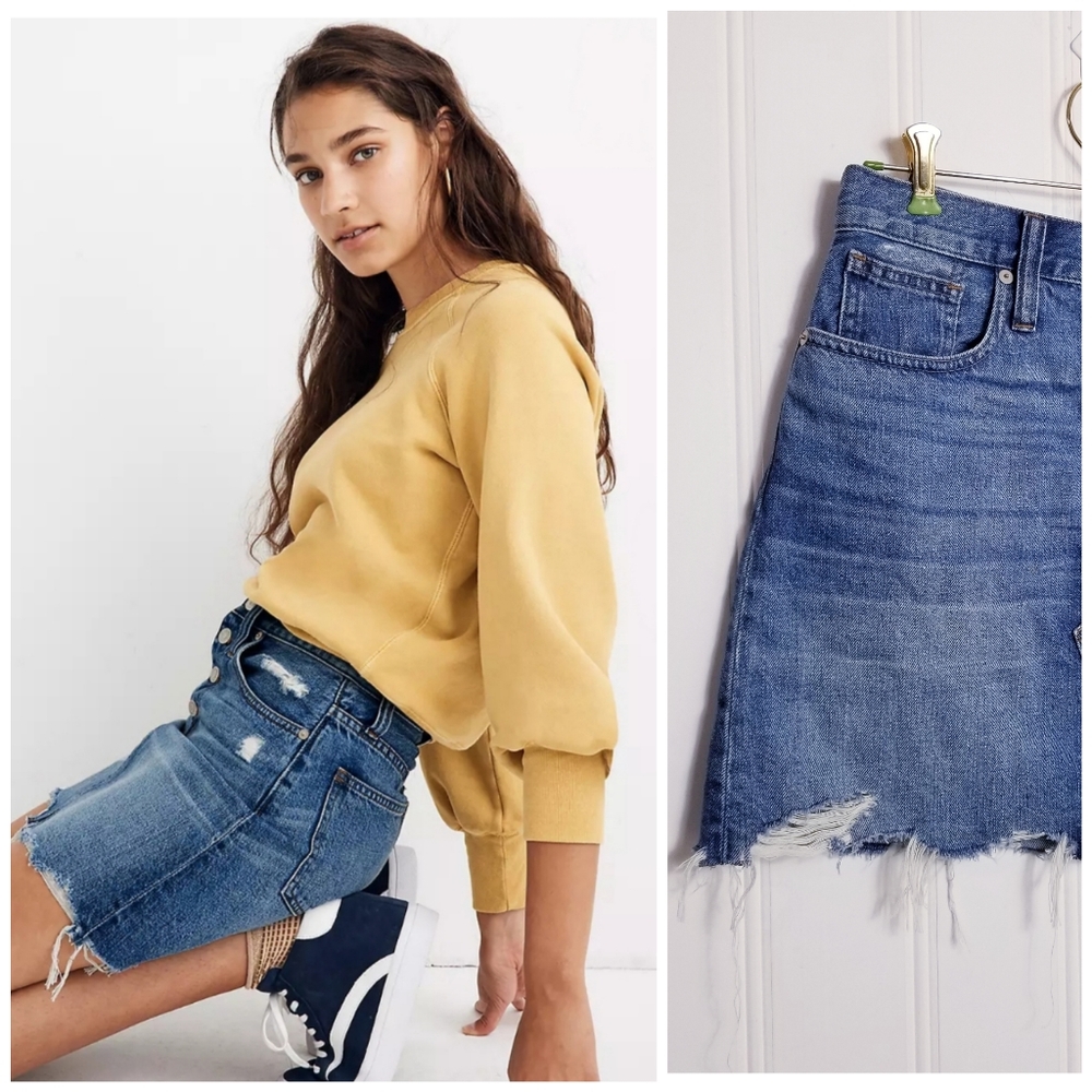 Madewell Button Front Denim Mini Skirt Distressed Raw Hem Size 27 Cotton